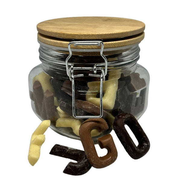 Weckpot 500ml met bamboe deksel en mini-chocoladeletters